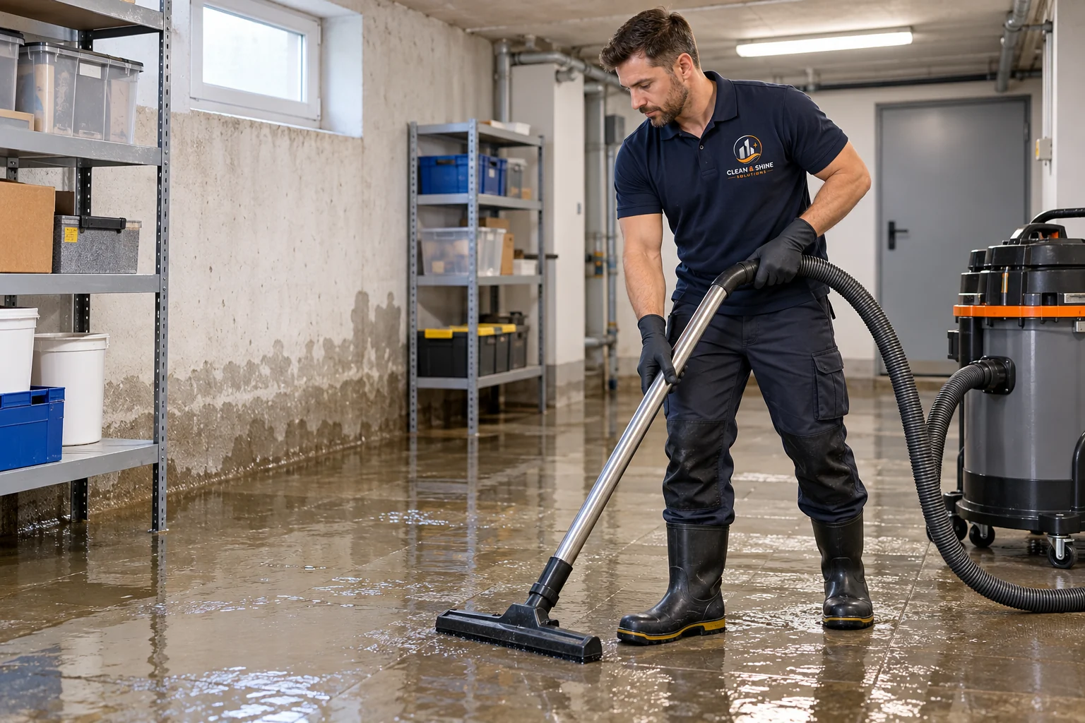 Reinigungskraft beseitigt mit einem Nasssauger Wasser aus einem Keller nach einem Wasserschaden