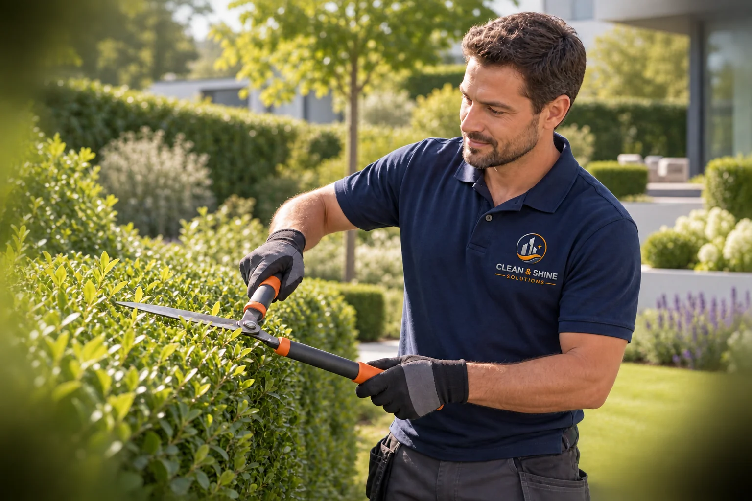 Gärtner schneidet eine Hecke in einer gepflegten Außenanlage