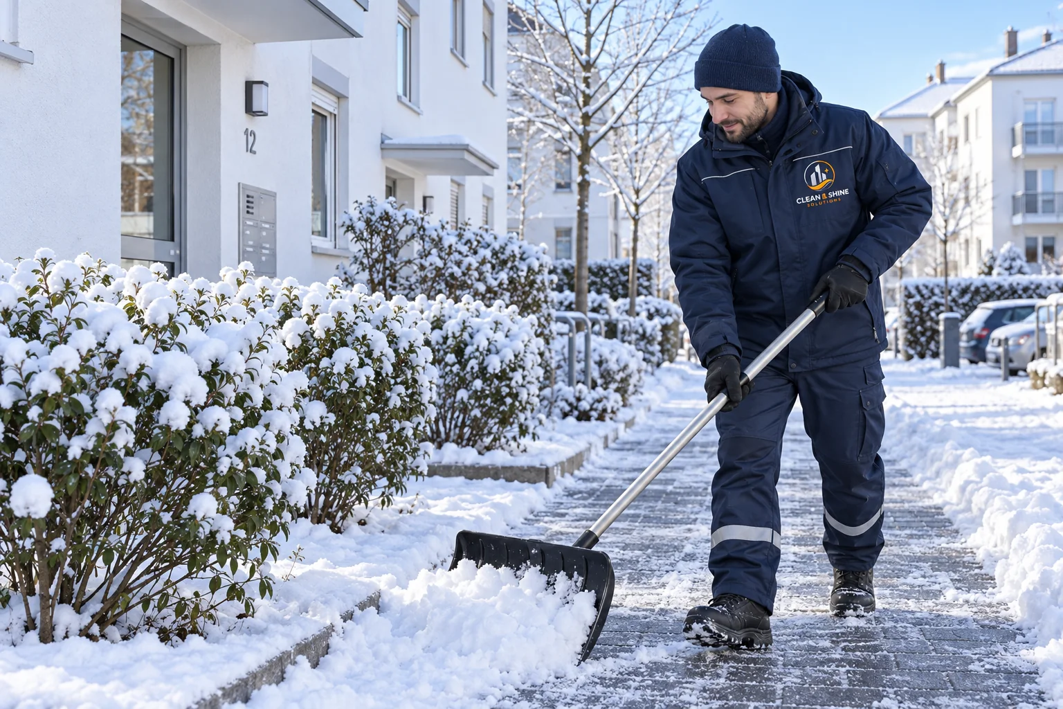 Winterdienstmitarbeiter räumt Schnee von einem Gehweg vor Wohngebäuden